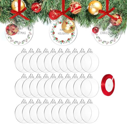 JMNHSOA 25 Stücke Acrylscheibe Weihnachtskugel Deko,Transparenten Acrylscheibe Weihnachten mit Rotem Band Plexiglasplatten Christbaumkugeln Plexiglasscheibe für Weihnachten Dekoration Basteln(10cm)