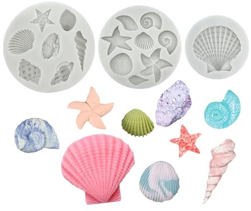 Set di 3 pezziStampi in Silicone a Tema Marino,Stampi Silicone Conchiglie,Stampi in Silicone per Torte a Tema Marino,Stampo per Torta Conchiglia Stella Marina,per Biscotti,Caramelle,Budino
