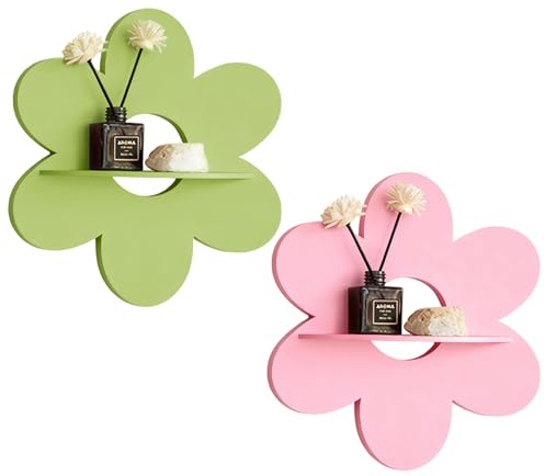 SiegYma Cute Shelf Pink Floating Shelves, 2Pcs Flower Shaped Green Floating Shelves Display Daisy Decor for Bathroom Livingroom Bedroom Shelves (Pink Green)