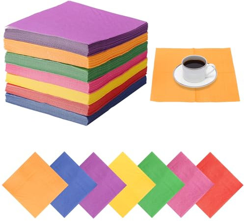 HENGBIRD 140 StüCk Servietten Bunt, Geburtstag Serviettens Einfarbig, Papierservietten Party, Cocktailservietten Klein 25 X 25 cm, Cocktail Serviettens Pink Rot Orange Gelb Lila GrüN Blau