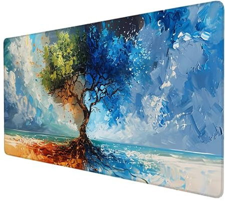 Schreibtischunterlage, Baum des Lebens Mauspad XXL 80 x 40 cm, Erweitertes Gaming-Mauspad mit Genähten Kanten, Rutschfeste Wasserdichte Gummiunterseite Mauspad Landschaft, für Zuhause, Gaming R-6
