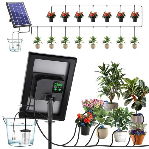 Biling Solar Drip Irrigation System Kits, 15M 3.5W 400 ml/min Solar Automatic Watering System for Plant, Multi-Modes Self Watering System for Plants Drip Feeders Plants Garden, Greenhouse, Terrace