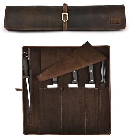 LEATHER VILLAGE Leather Knife Roll, Chef's Cutlery Storage Case & Holder, Travel-Friendly Organizer Bag for Knives & Tools - 17x3.25x3.25, Brown