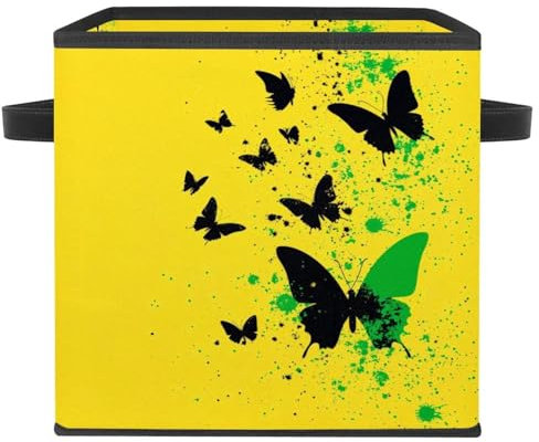 KengjuTesu Caja de almacenamiento de mariposa de tinta de fondo amarillo, cubo de almacenamiento grande con asas dobles para organizar la ropa, cestas de almacenamiento plegables de tela Oxford de 11