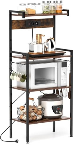 GIANTEX Scaffale da cucina a 4 livelli, supporto da forno a microonde con presa di corrente, 8 ganci a 'S', piedi regolabili, per cucina, sala da pranzo, 59 x 34 x 136 cm, marrone rustico