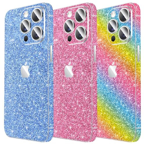 3PCS Glitter Skin Protector for iPhone, LucBuy Shiny/Fiber/Stone Texture Full Cover Edges Sticker, Sparkling Precise-Fit Anti-slip Back Protector, Bling Luxury Phone Decorations for iPhone 11 Pro Max