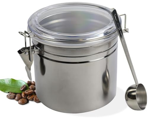 UZSUZZ Bote Hermético Café 500ml - Acero Inoxidable y Ventana Transparente | Cuchara Dosificadora - Multiusos Cocina (Sal/Azúcar/Café Molido) - Tapa 100% Estanca