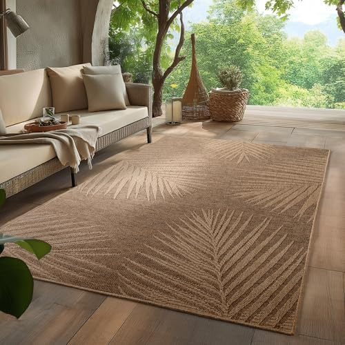 HomebyHome Outdoor Teppich 140x200 cm Wetterfest Pflegeleicht Jute Natur Optik Palmen Design für Wohnzimmer Esszimmer Schlafzimmer Terrasse Balkon Garten