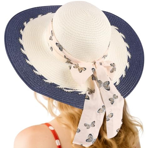 Kunyeah Women Wide Brim Straw Hat Bow Butterfly Floppy Foldable Sun Visor Hat Girl Summer Boho Beach Cap for Vacation Travel (UK, Alpha, One Size, Blue)