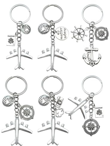 6 Pièces Avion Terre Porte-clés, Ancre de Bateau Métal Porte-Clés, Voyageur du monde Porte-clés, Terre avion métal porte-clés, Le Cadeau, pour La Famille, Les Amis, Les Partenaires Et Les Amateurs