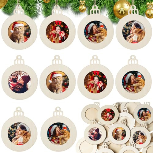 GlikCeil 100 Stück Weihnachts-Bilderrahmen, Ornamente, DIY, Holz-Bilderrahmen, Großpackung zum Bemalen, unlackiert, personalisierte hängende Bilderrahmen, Ornamente mit Hanfseil für Urlaub