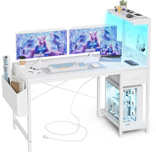 Grandder Gaming Tisch, 120x50 cm Gaming Schreibtisch mit Steckdose & LED-Beleuchtung, Computertisch mit reversiblen Regalen und Schublade, PC Tisch für Homeoffice mit Staufach, Blanc