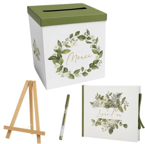 Un Jour En Or - Pack Signature Vert et Or : 4 éléments (Urne Merci, Livre d’or, Stylo encre doré, Chevalet en bois) pour mariage, baptême, anniversaire, départ en retraite et toutes célébrations