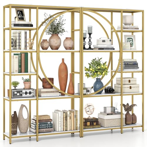 COSTWAY 2er Set Geometrisches Bücherregal, Büroregal mit offenen Holzregale & Metallrahmen, Standregal industriell, Aufbewahrungsregal für Wohnzimmer & Arbeitszimmer