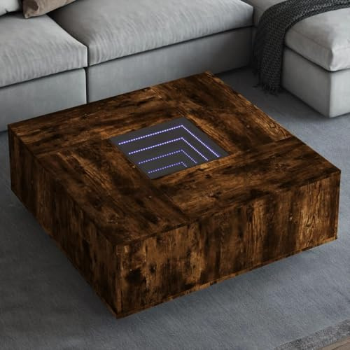 Teenpull Table basse avec LED Infinity, chêne fumé, 100 x 100 x 40 cm, matériau en bois, plateau en verre, éclairage RVB, table de salon, design moderne, polyvalente