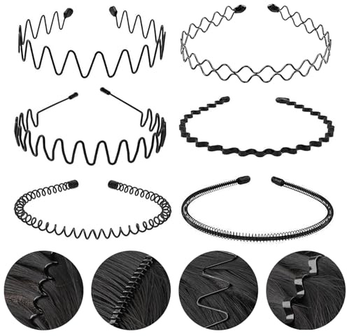 6 Stück Metall Haarband, Haarreifen Damen Elastische Metall Stirnband | Verstellbar & rutschfest Schwarz Welle Haarbänder Multi-Stil für Männer Frauen, Sportliche Haarband für Outdoor Sports Yoga