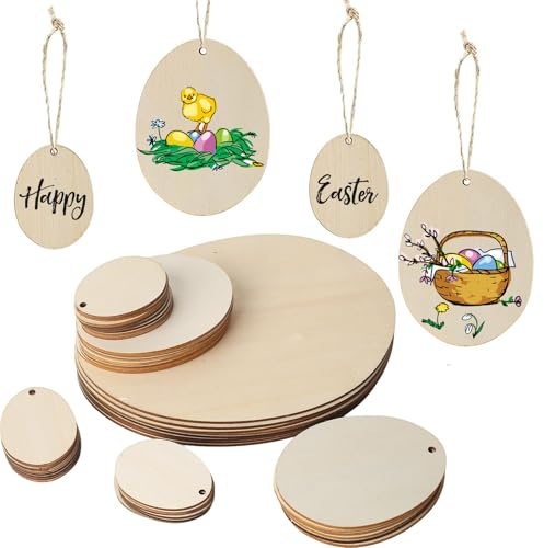 DAHI 60pcs Holz Ostereier zu bemalen Ostern Holzanhänger Ostereier Deko DIY Basteln Holz Anhänger für Ostereier (Natural A-Mix)