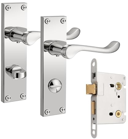 PinLin Bathroom Polished Chrome Door Handles, Elegant Door Handle Set, Victorian Scroll Door Lever with 57mm Sashlock Latch, Ideal for Internal Wooden Bathroom and Toilet Doors