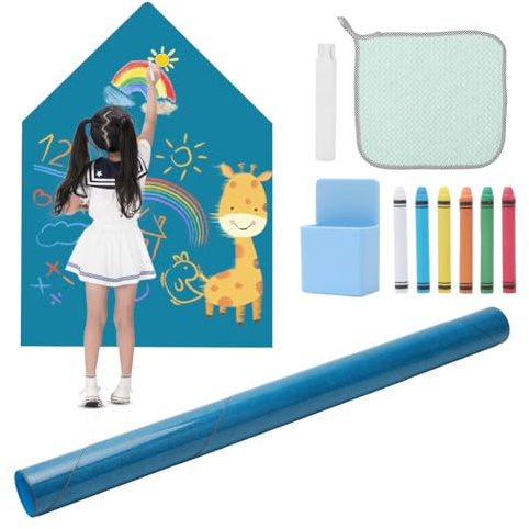Magnettafel Kinder, 100 x 80 cm Magnetwand in Hausform, Selbstklebende Magnetwand für Kinder, Magnettapete Kinderzimmer Magnettafel Wand, mit Kreidehaltern, Reinigungstuch, Stiftetui (Blau)