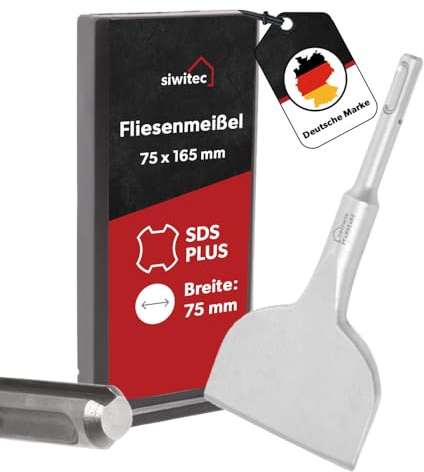 siwitec SDS Plus Fliesenmeißel 75 x 165 mm, Profi SDS PLUS Meißel zum Fliesen & Fliesenkleber entfernen, Abgewinkelt, Breitmeißel, SDS Flachmeißel breit für Bohrhammer