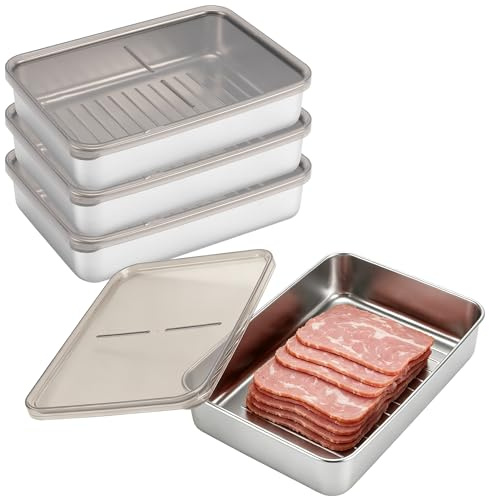 FAAING 4er Set Aufschnittboxen Edelstahl mit Deckel für Kühlschrank, Aufschnittdosen Stapelbar Edelstahl Wurst Aufbewahrung, Kühlschrank Gefrierschrank Organizer für Käse, Wurst, Fleisch