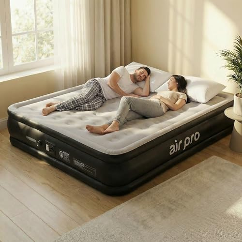 Air Pro King Size Inflatable Air Mattress with Soft Surface Built-In Electric Pump Quick 3 Min Self Inflating Airbed for Adults & Guests, Blow Up Air Bed For Comfort at Home Or Camping 203x152x46cm