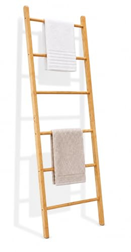 Toallero Escalera de 6 Niveles de Bambú, Estantería de Escalera Inclinada, Toallero de Pie de Escalera, Toallero de Baño para Colgar Toallas, Ideal para el Hogar y el Baño, 192x50x3.5cm