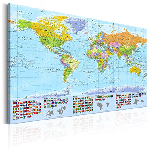 murando englische Weltkarte Pinnwand & Vlies Leinwand Bild 90x60 cm XXL Bilder mit Kork Rückwand Set mit 50 Markierfähnchen-Pinnnadeln Korktafel Kunstdruck Wandbilder Lernkarte Landkarte