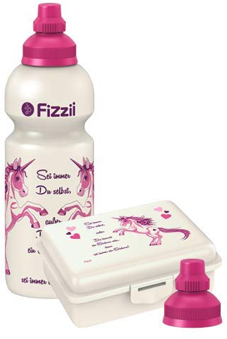 Fizzii Set Trinkflasche 600ml + Lunchbox inkl. Obst-/ Gemüsefach (schadstofffrei, spülmaschinenfest, Motiv: Einhorn)