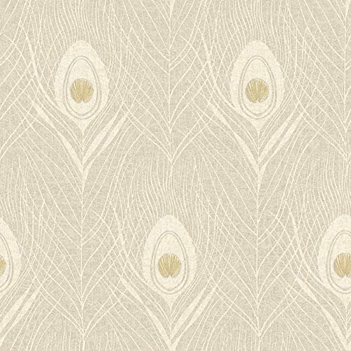 Elegante Tapete mit Pfauenfeder | Crème Tapete ideal für Schlafzimmer und Bad | 20er Jahre Vliestapete mit Feder Design in Textiloptik