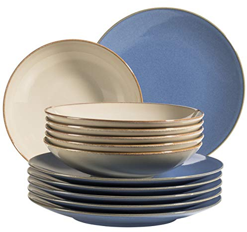 MÄSER 931873 Serie Ossia - Juego de platos para 6 personas, diseño vintage mediterráneo, 12 piezas con platos hondos y platos hondos de color gris arena y platos llanos, gres, color gris arena/azul