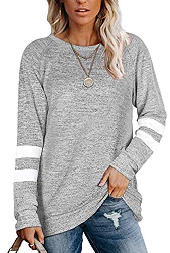 Famulily Women Comfy Striped Colour Block Soft Long Sleeve Tunics Tops Casual Sweatshirts S-XXL