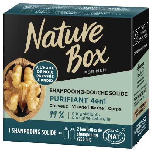 Nature Box - 4 in 1 Solid Purifying Shampoo - With Cold-Pressed Nut Oil - Hair/Scalp/Leather/Beard / Body - 99% Natural Ingredients - Soap of 85 g