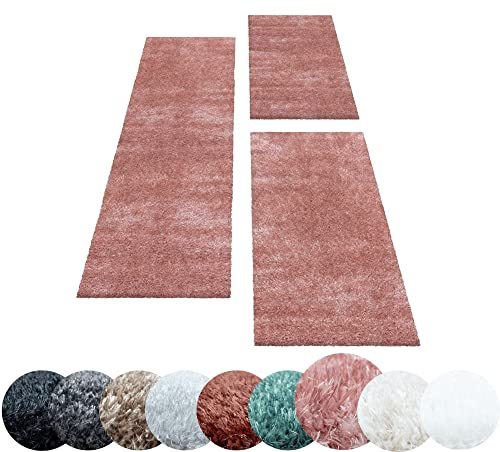 HomebyHome Bettumrandung Schlafzimmer 3 teilig Teppich Rosa - Waschbarer Bettumrandung Teppich Läufer Set Extra Flauschig Bettvorleger Schlafzimmer Bettset:Farbecht