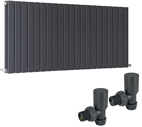 Warmehaus 600 x 1430mm Anthracite Double Flat Panel Horizontal Radiator with Angled Valves