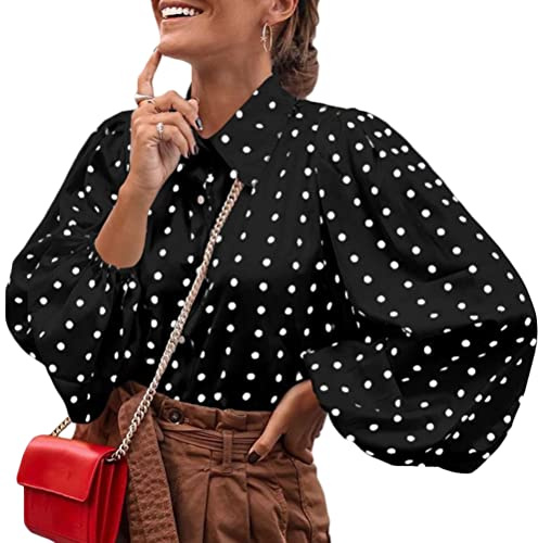 Onsoyours Camicia Donna Elegante Chiffon Blusa a Pois Bavero Maniche a Sbuffo Camicetta da Ufficio Casual Maglietta Top a Manica Lunga