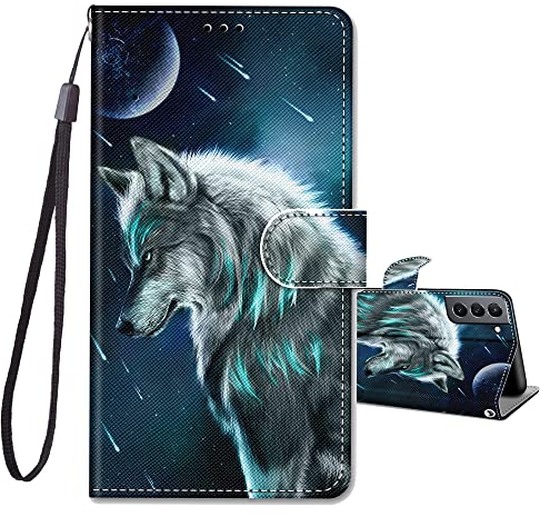 JRIANY For Samsung Galaxy S22 Case 5G, PU Leather Wallet Case with Card Holder Animal Pattern Cute Design Shockproof Protective Cover Flip Case Compatible with Samsung Galaxy S22 5G, Wolf B