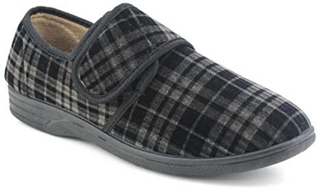 Dr Keller Mens Velour Check Faux Fur Lined Wide Opening Touch Fasten Slippers (12, Black, numeric_12)