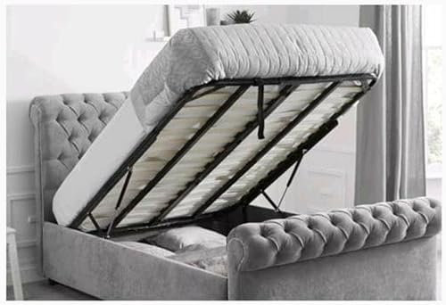 Bespoke Gas Lift Ottoman Storage Sleigh Bed Single/Double/King/Super King Grey Plush Velvet Fabric Upholstered (Double 4FT, Without Mattress)