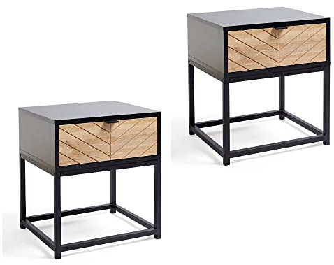 VonHaus Chevron Bedside Tables Set of 2 - Black & Light Wood Effect Side Tables - 1 Drawer Side Table for Living Room - Modern End Table - Industrial Nightstands w/Metal Frames - Dalton