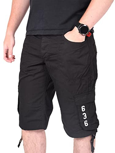 True Face Mens Shorts Cargo Pockets Denim Combat Chino Button Up Flat Front Army Workwear Knee Length Straight Leg Casual Summer Work Half Pants Bottom Size 32 Black
