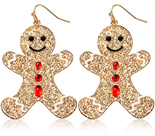 Damen Weihnachten Ohrringe Glitzer Tropfen Baumeln Ohrhänger Mit Strass Knöpfen Party Schmuck für Frauen Mädchen Geschenke (Lebkuchenmann)