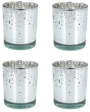 Creativery Teelichthalter Glas 6x7,2cm Set 4 Stück Teelichtgläser Windlichtglas Windlicht metallic Silber