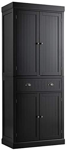 COSTWAY Tall Kitchen Cupboard, 4-Door Buffet Pantry Storage Cabinet with 4 Adjustable Shelves, Drawer & Anti-tipping Device, Freestanding Sideboard Organizer Unit for Dining Living Room (Black)