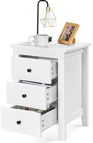 KOMFOTTEU Nachttisch mit 3 Schubladen, Beistelltisch aus Holz, Nachtschrank 46 x 37 x 65 cm, Nachtkommode für Wohnzimmer, Schlafzimmer (1, Weiß)