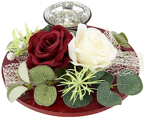 Teelichthalter mit Glaseinsatz dekoriert mit künstlichen Rosen Eukalyptus Kerzenständer Kerzenhalter Tischdeko Kerzen Muttertag Valentinstag Hochzeit Hochzeitsdeko Windlicht Deko für Terrasse Balkon