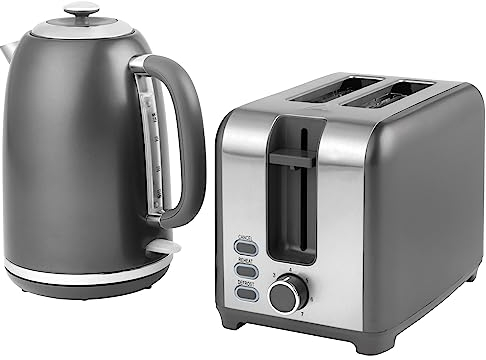 Salter COMBO-8799 Kettle And Toaster Set – Grey 1.7L Fast Boil Kettle With Pull Top Lid, 2-Slice Electric Toaster, 360° Swivel Base, Water Window, 7 Browning Levels, Indicator Lights, Cosmos, 3kW/930W