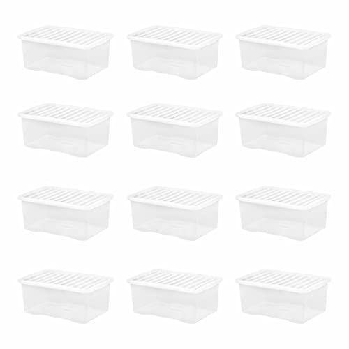 Plastic Wham Storage Boxes 45L litre Crystal Clear Large Box with Lid Home Office Stackable Nestable Container for Home and Kitchen Office Children’s Room Made in U.K (Pack of 12)