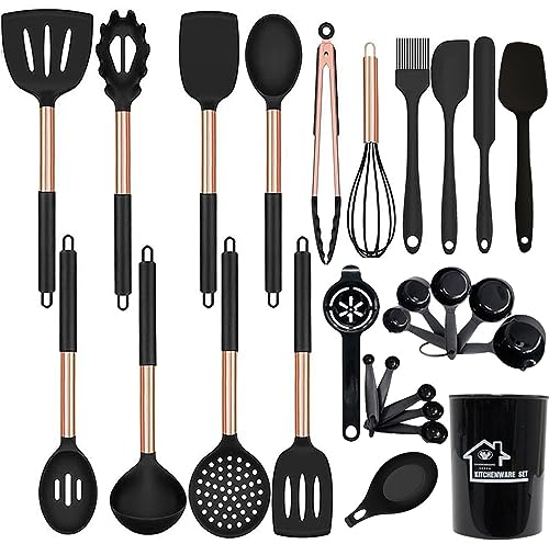 UXIYI Ensemble d'ustensiles de cuisine en silicone, 27 spatules avec poignée en acier inoxydable or rose, noir