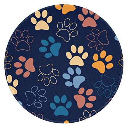 Tapis de souris rond avec motif empreintes de pattes de chien avec bord cousu